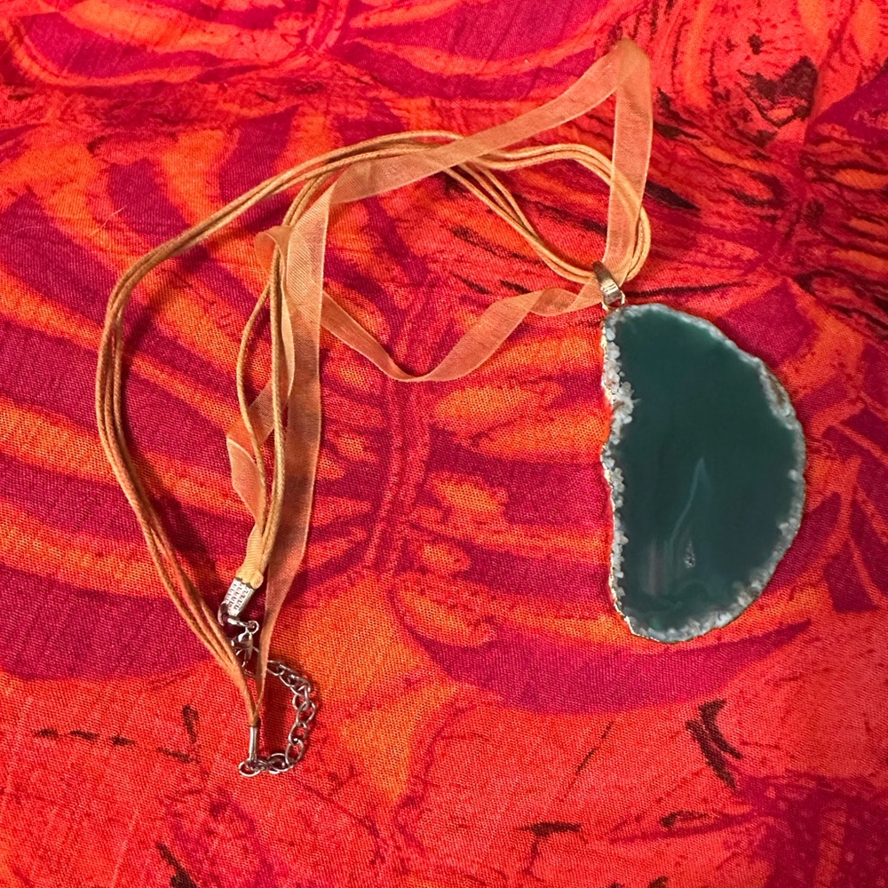 Handmade green agate slice on 18” cord necklace for healing and energy cleansing